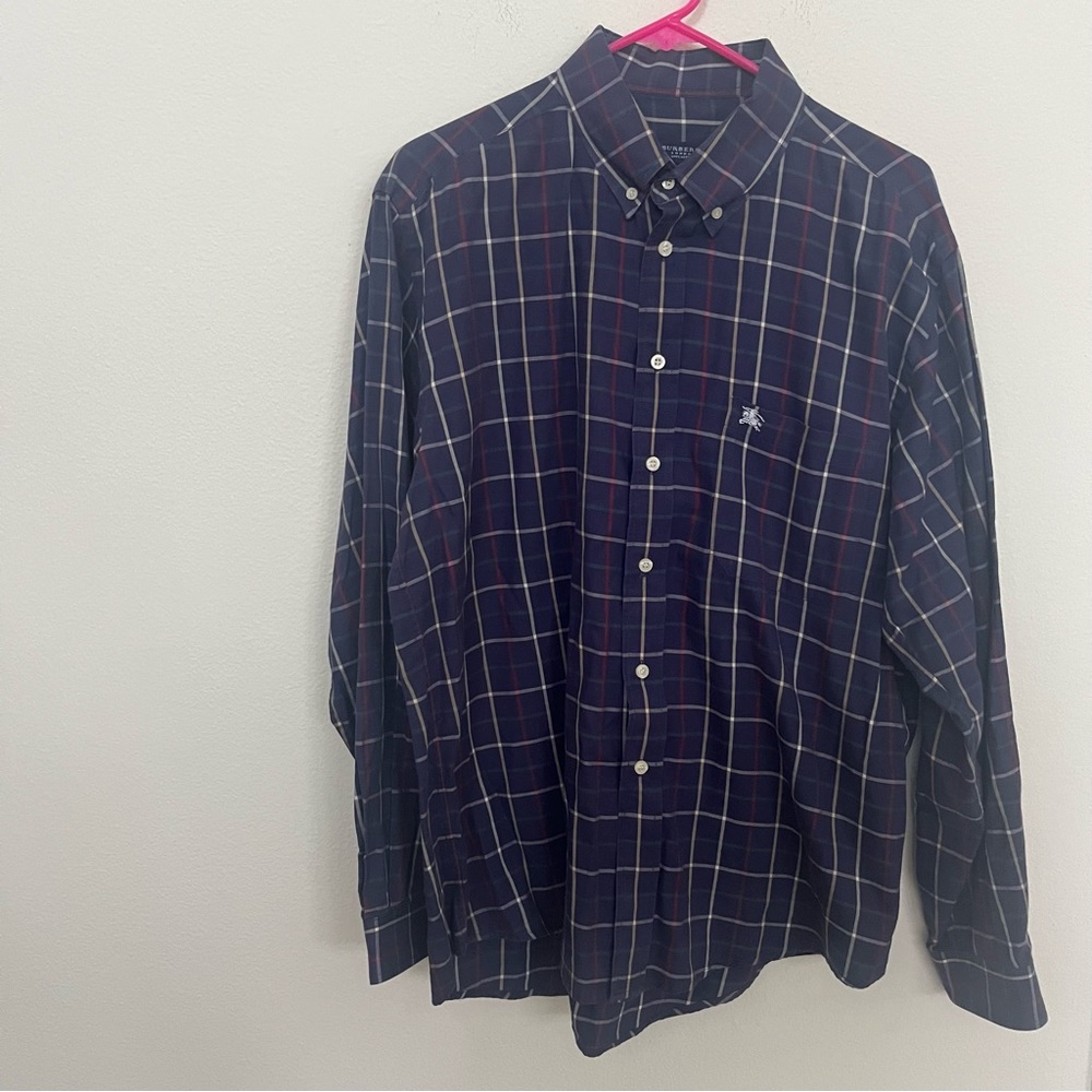 Burberry London 46” Plaid Button Down Long Sleeve Shirt blue red white green EUC